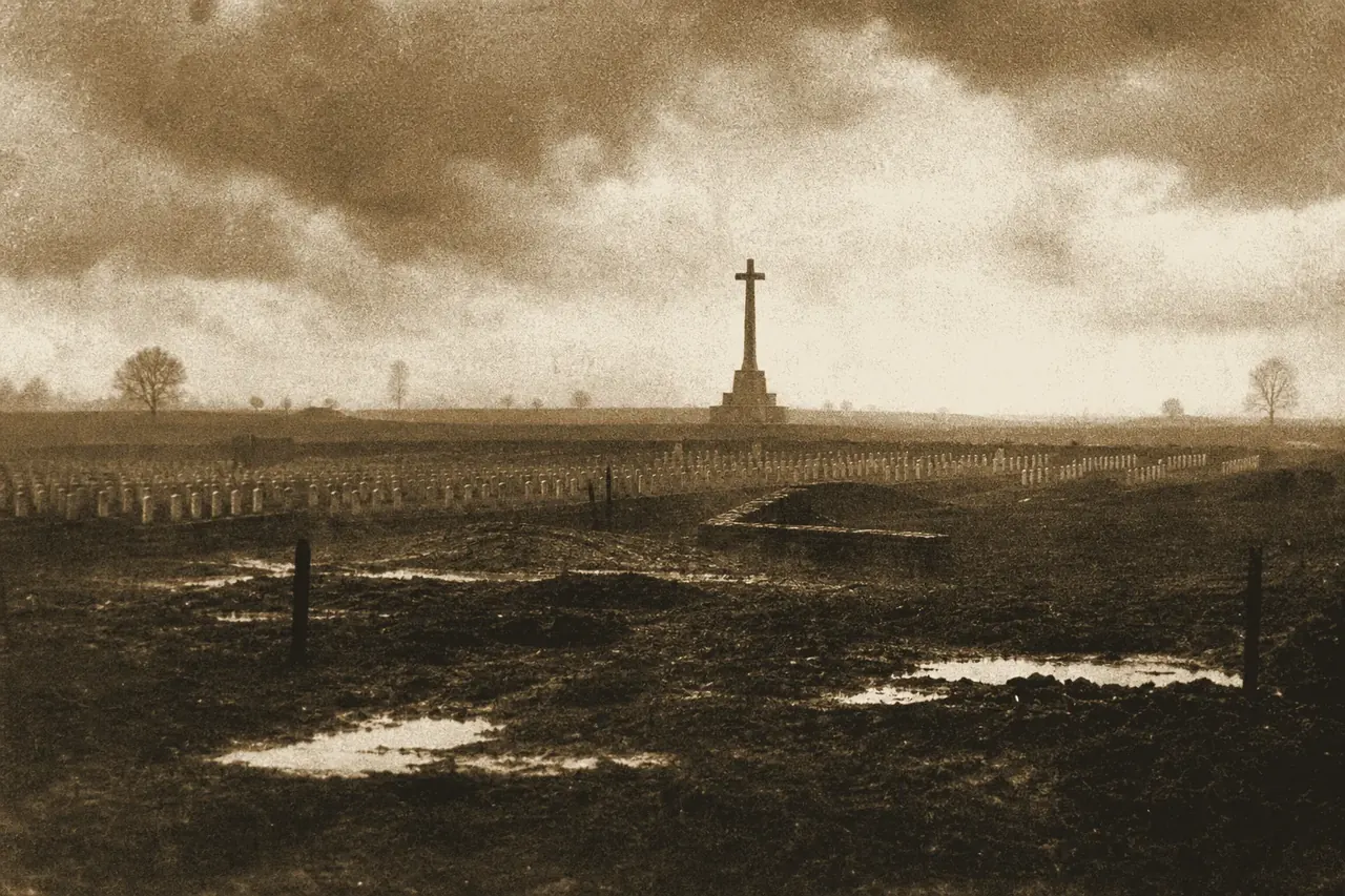 A solemn empty field of remembrance under a heavy overcast sky, with a distant stone memorial cross.