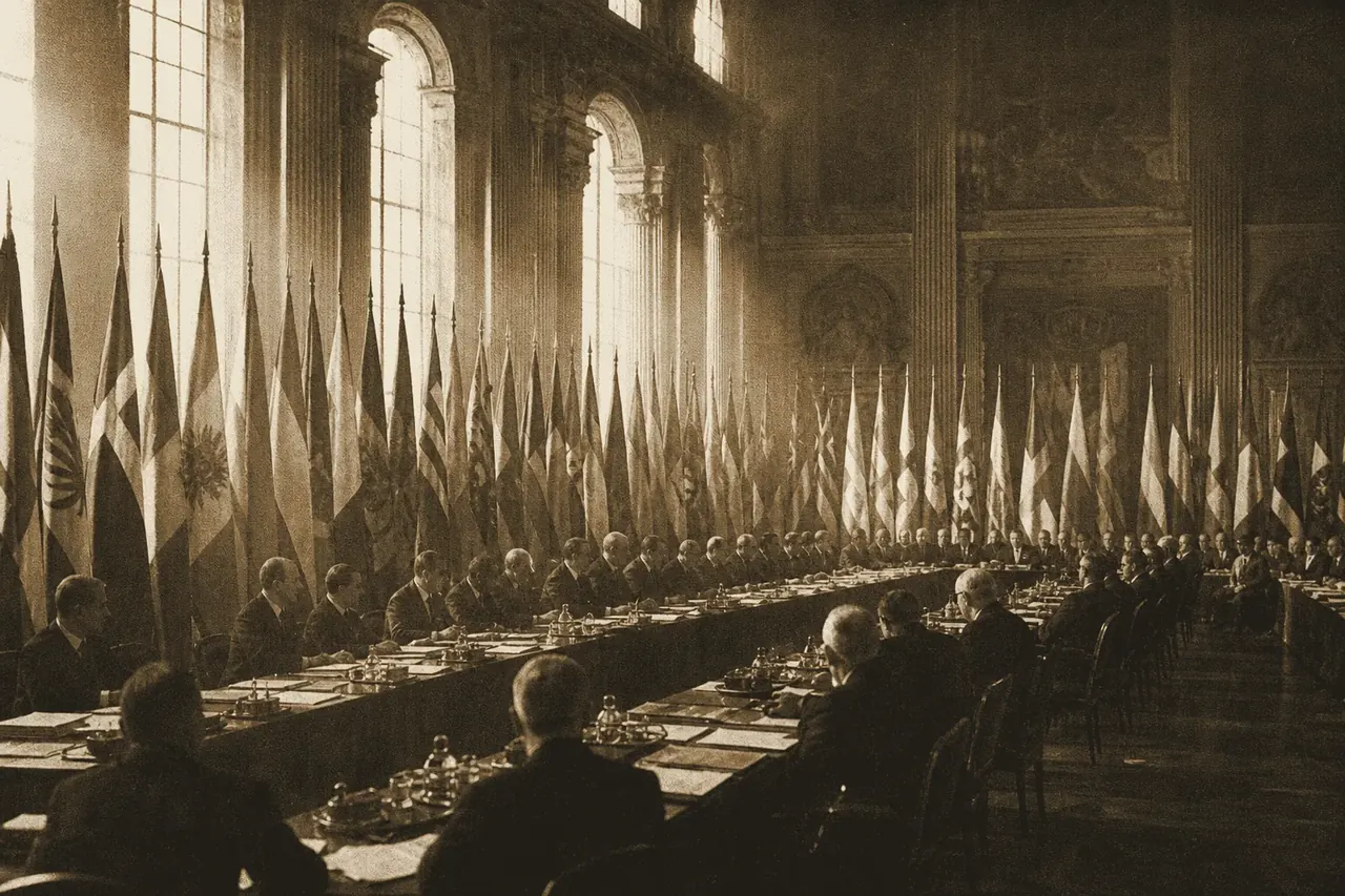 A stately international conference hall with a long table and rows of national flags.