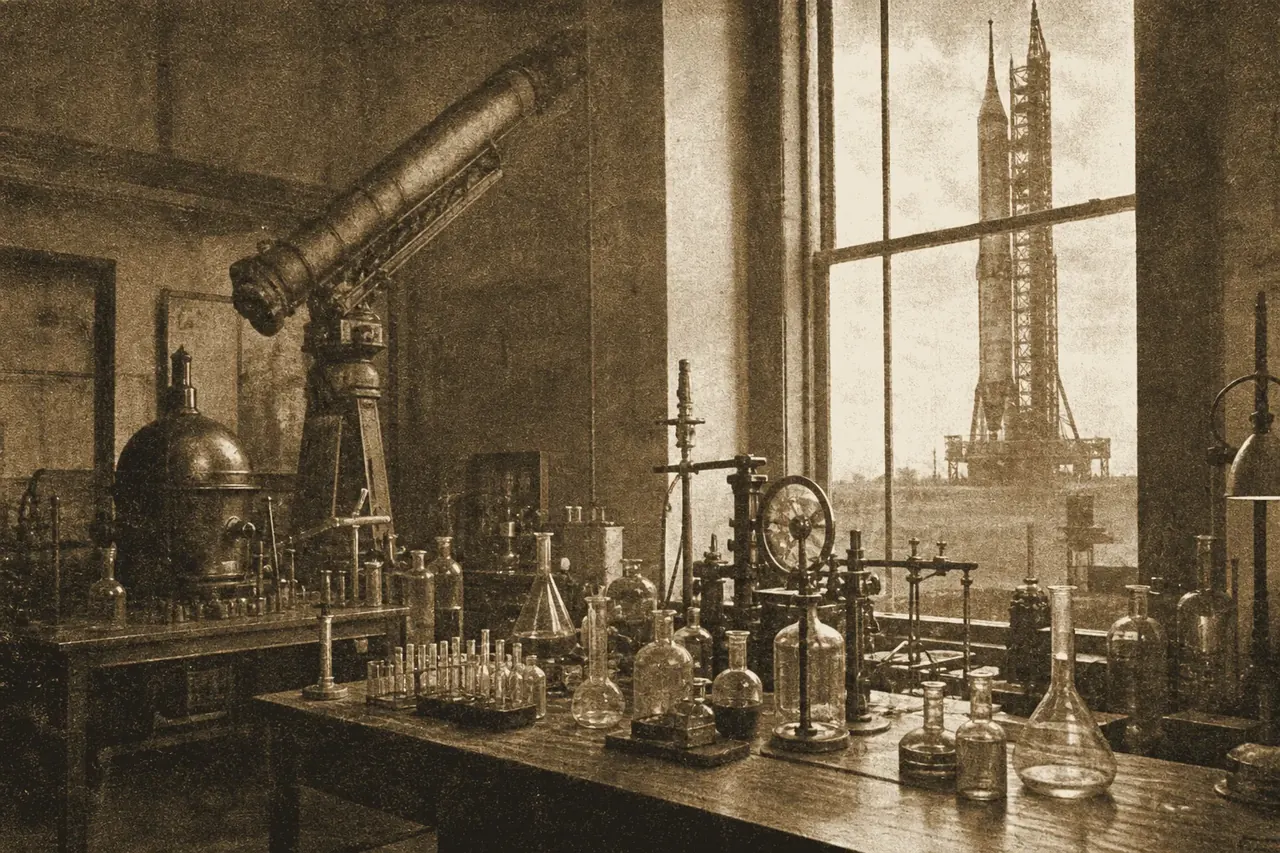 A vintage laboratory interior with old scientific instruments and a rocket gantry through a tall window.