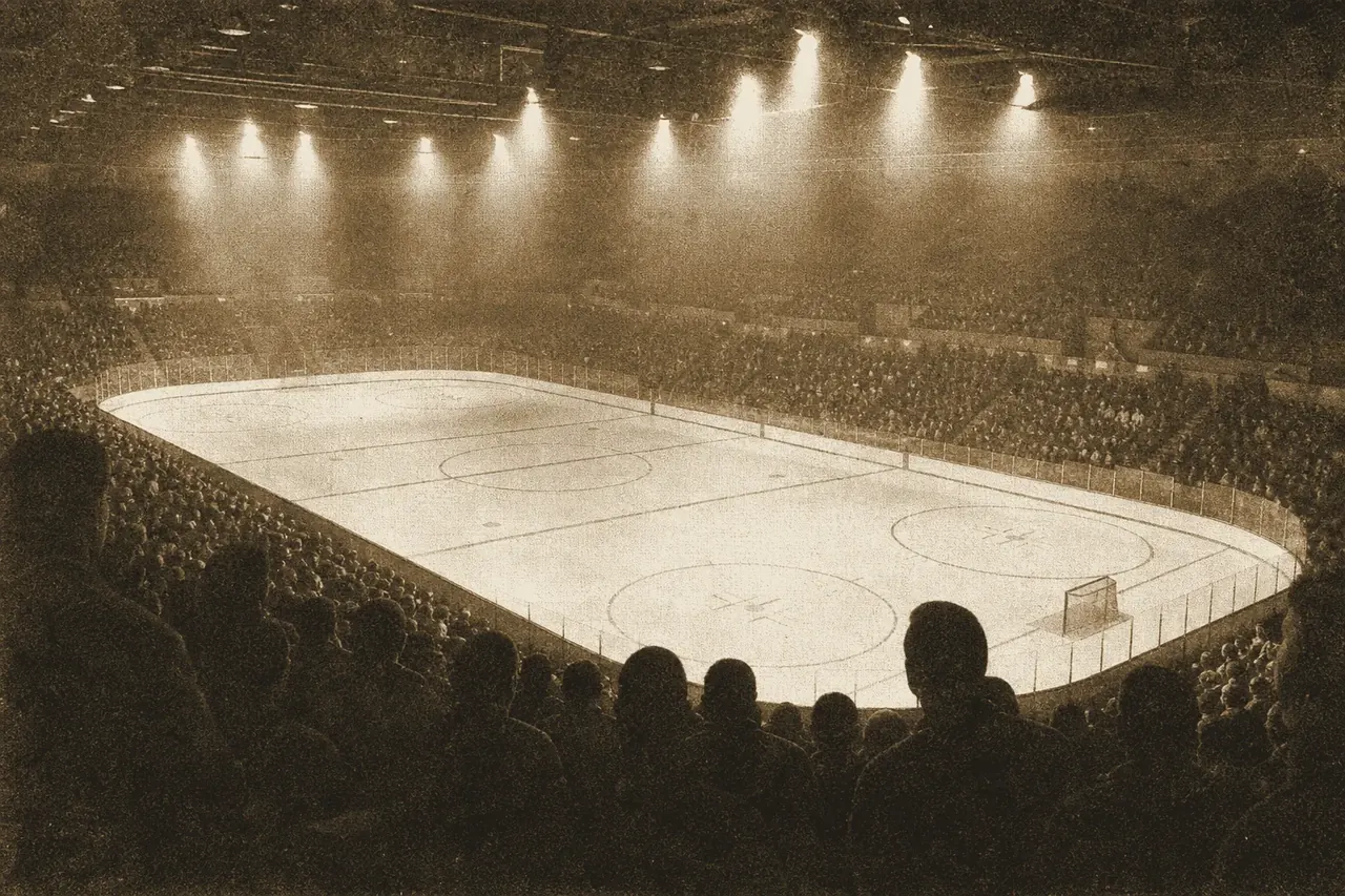 The interior of an old ice-hockey arena, the empty rink glowing under overhead floodlights.