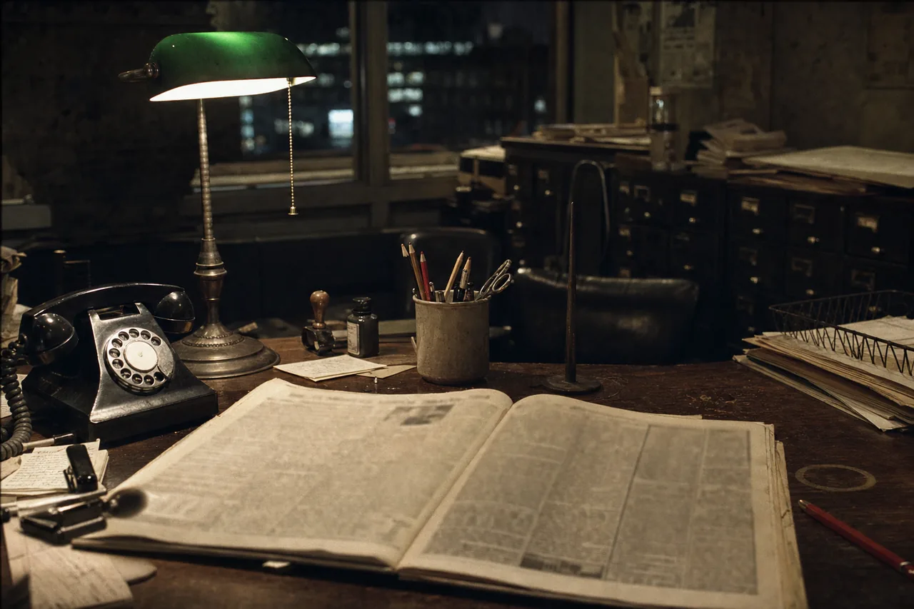A newspaper copy desk at night: a green-shaded lamp, an opened broadsheet, a rotary telephone and a copy spike.
