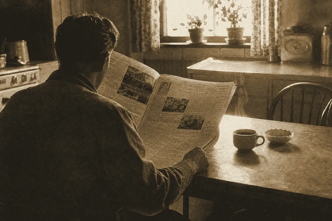 A reader with a morning newspaper at a kitchen table.