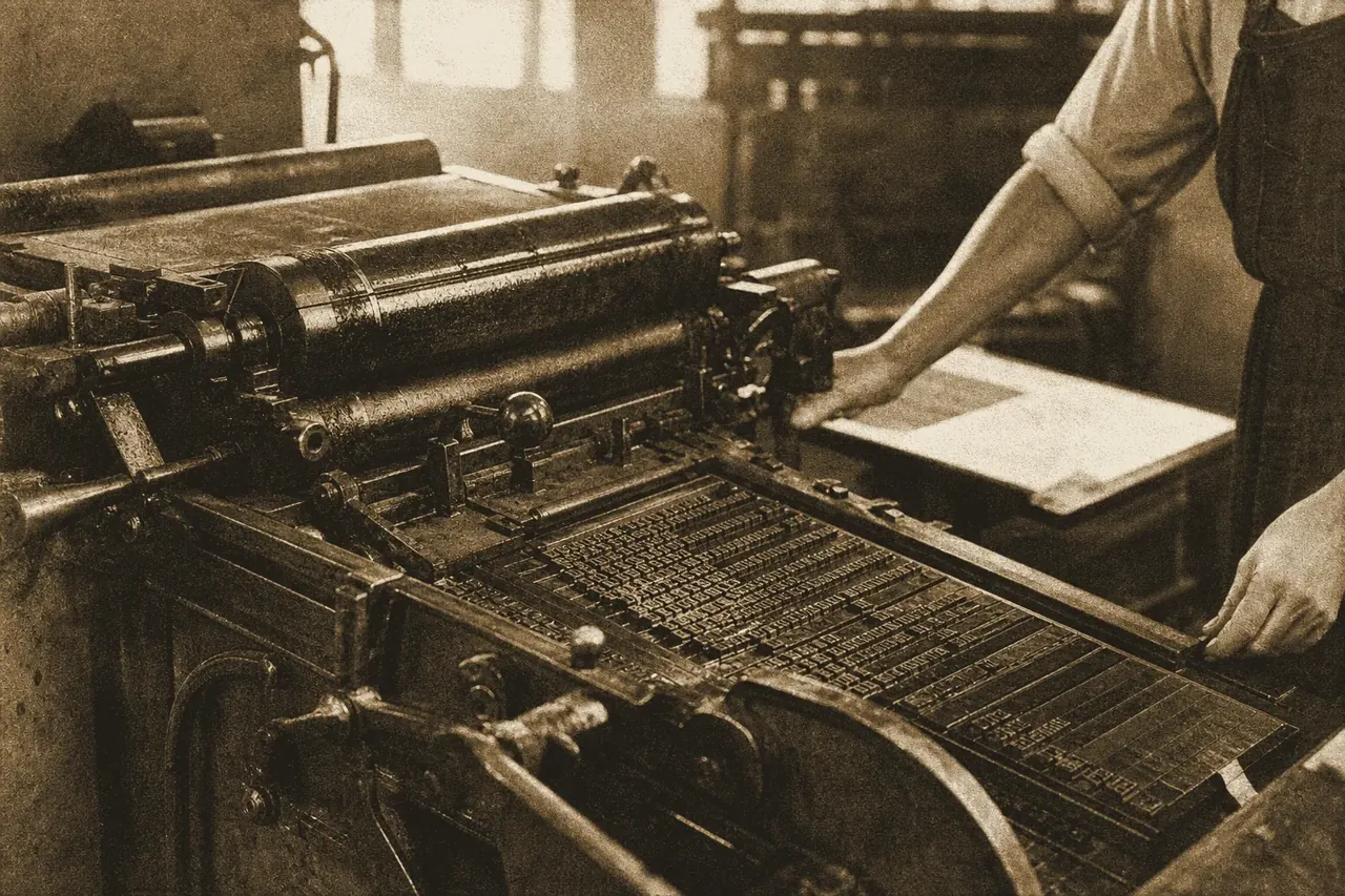A close view of an old cast-iron printing press with metal type and ink rollers.