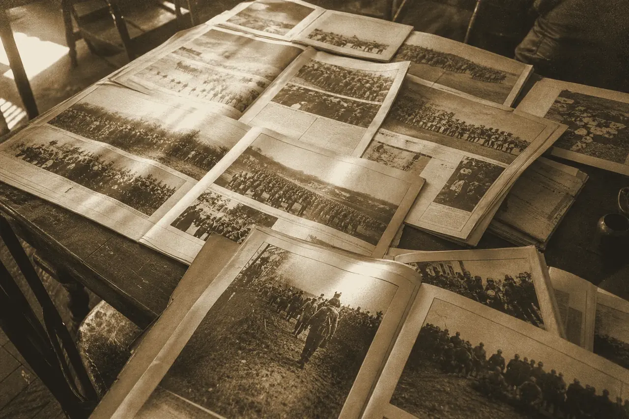 Many vintage broadsheet newspapers spread open and overlapping on a large table.