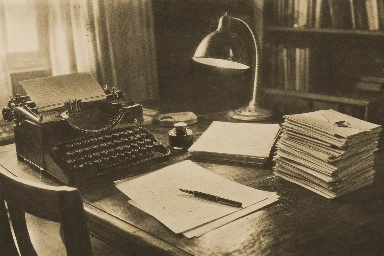 A writer's desk with an old typewriter and a stack of typed letters and envelopes.