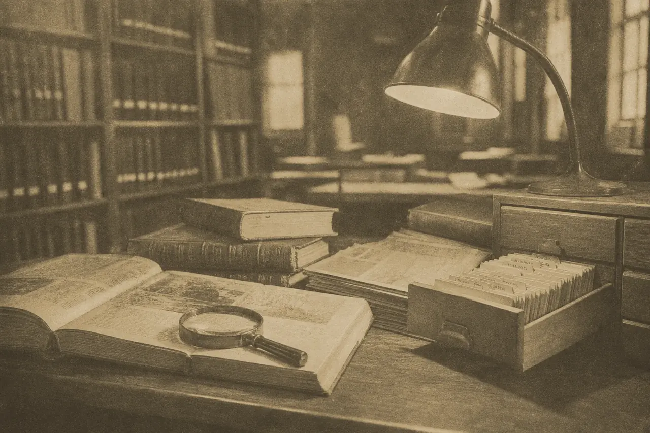 A library research desk with open reference volumes, a card-catalogue drawer and a magnifying glass.