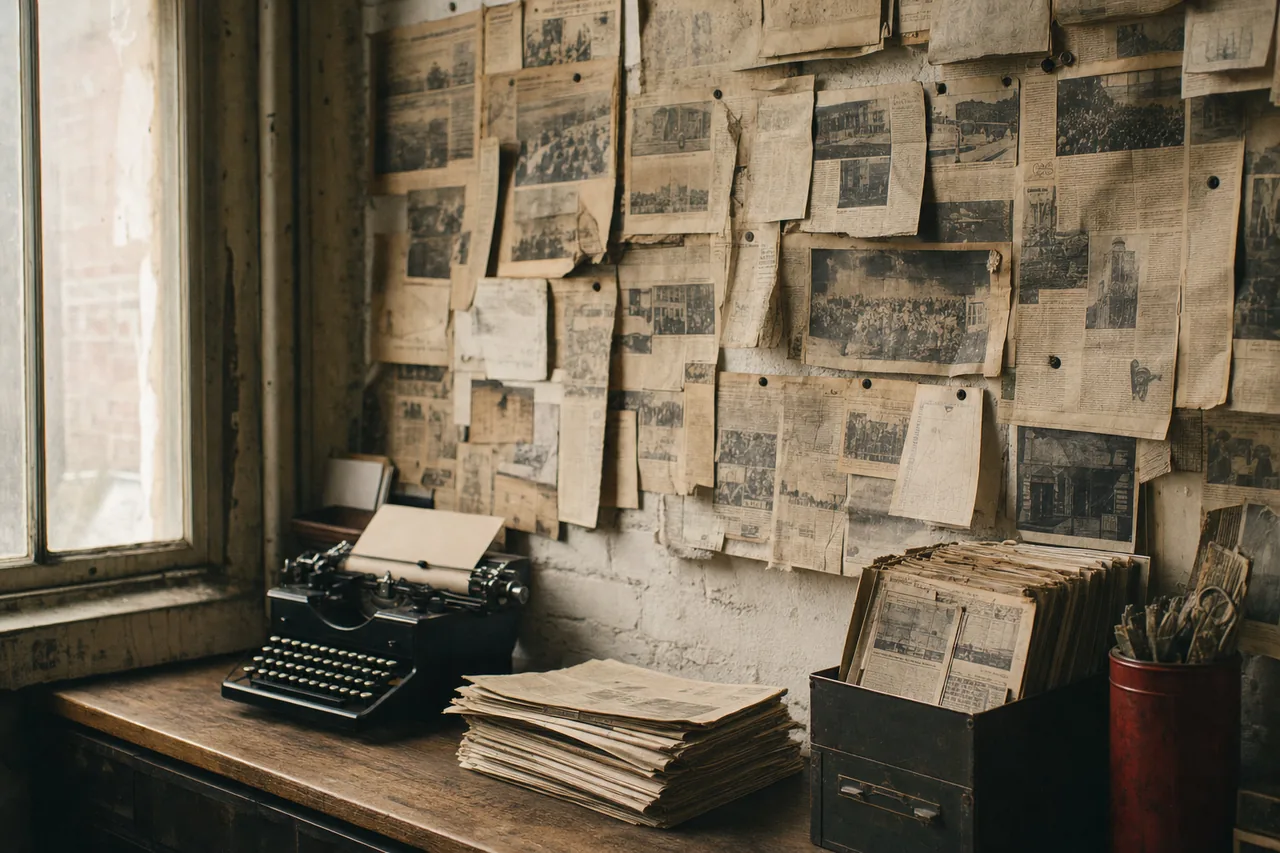 A wall of pinned newspaper clippings above a manual typewriter in a quiet archive room.