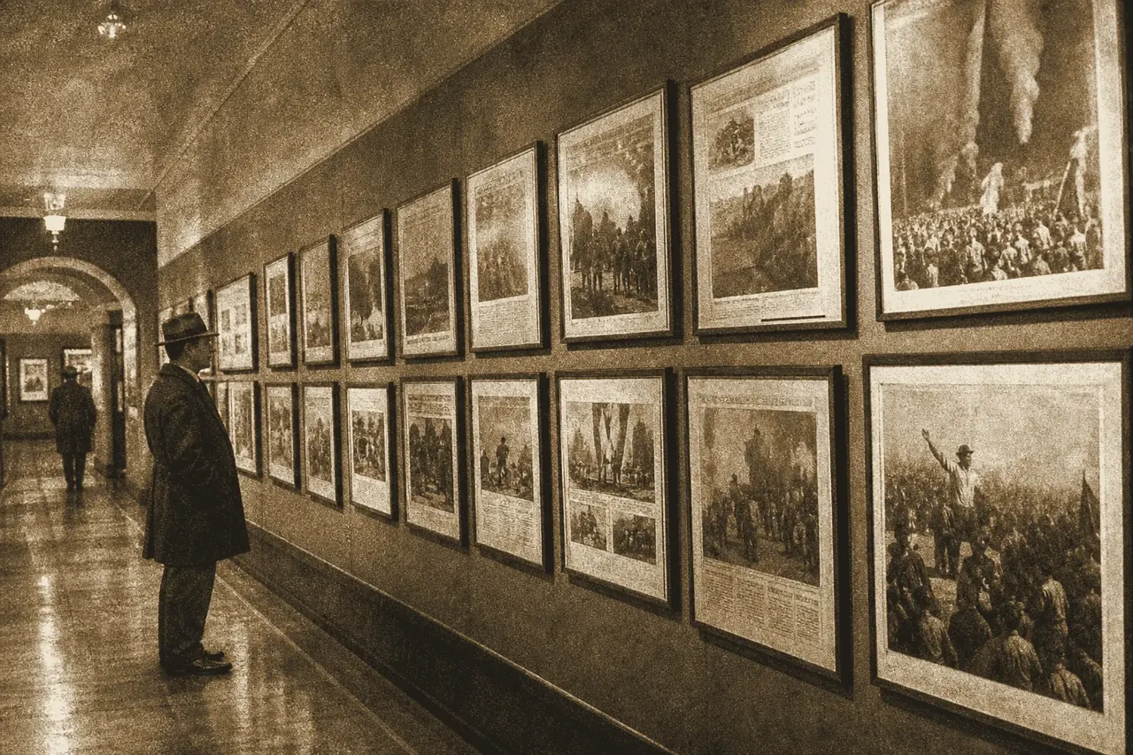 A dim museum wall hung with rows of framed historic newspaper front pages.