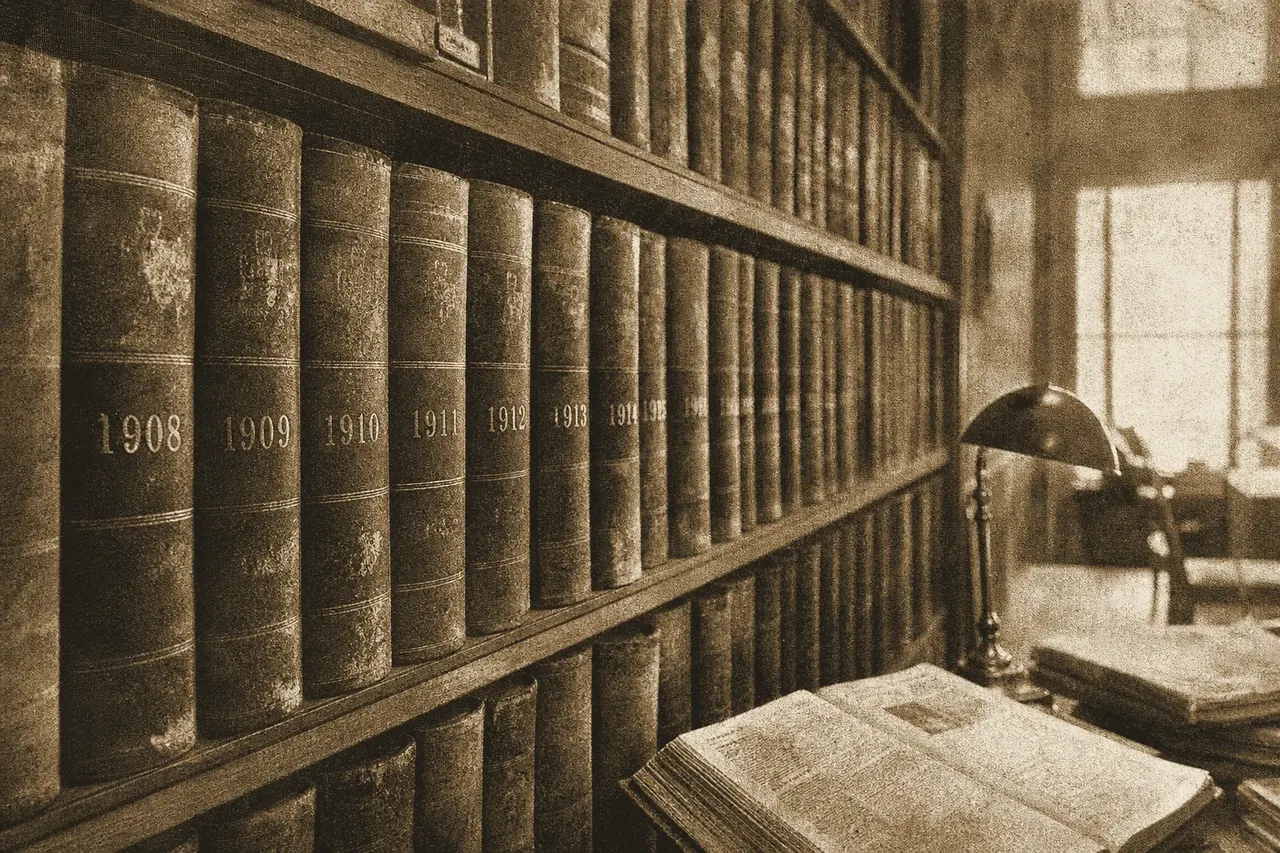A long shelf of bound newspaper volumes with year labels on the worn spines.