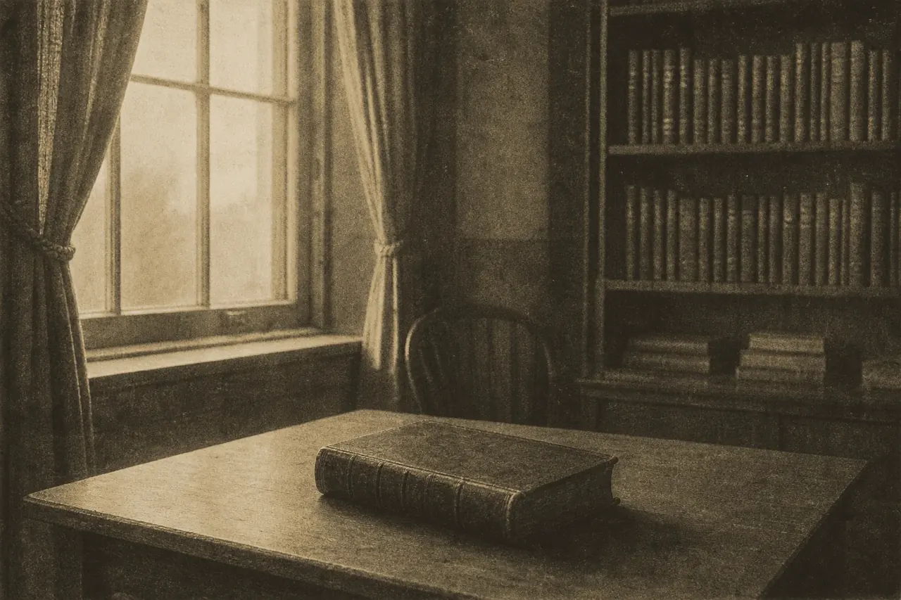 A quiet, empty reading room at dusk with a single closed ledger beside a curtained window.