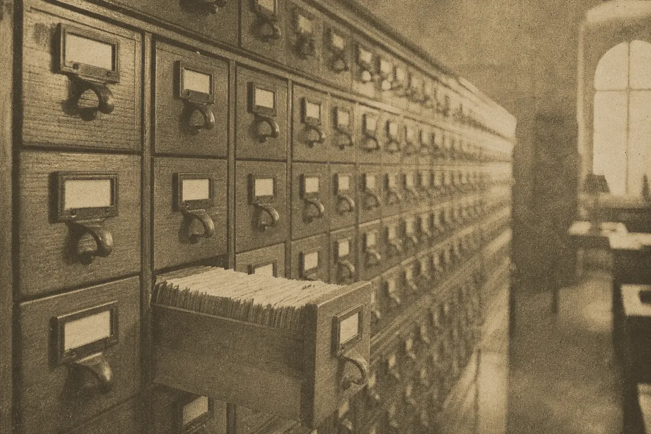 A wall of library card-catalogue drawers receding in perspective, with one drawer pulled open.